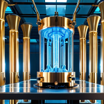 **The Quantum Cryostat:** A stunning, large-scale quantum computer cryostat, resembling a futuristic, gold-plated chandelier, descending in a dimly lit, high-tech laboratory. Emphasize the intricate, layered tubes and multiple temperature stages, hinting at the extreme sub-Kelvin cold required for qubit operation. Include subtle blue or frosty glows to represent the supercooled environment and superconducting cables, showcasing the immense engineering behind it.