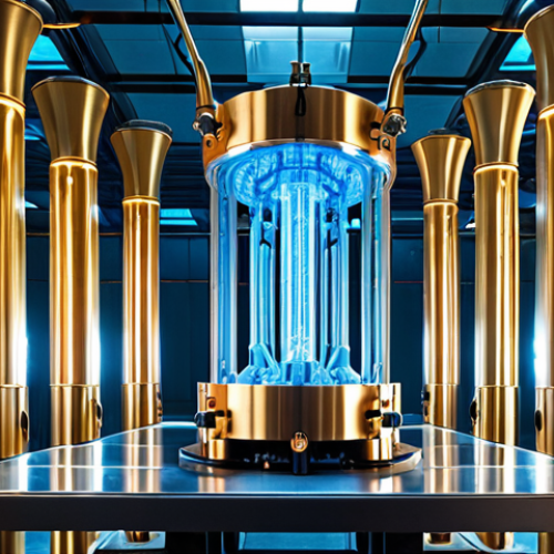 **The Quantum Cryostat:** A stunning, large-scale quantum computer cryostat, resembling a futuristic, gold-plated chandelier, descending in a dimly lit, high-tech laboratory. Emphasize the intricate, layered tubes and multiple temperature stages, hinting at the extreme sub-Kelvin cold required for qubit operation. Include subtle blue or frosty glows to represent the supercooled environment and superconducting cables, showcasing the immense engineering behind it.