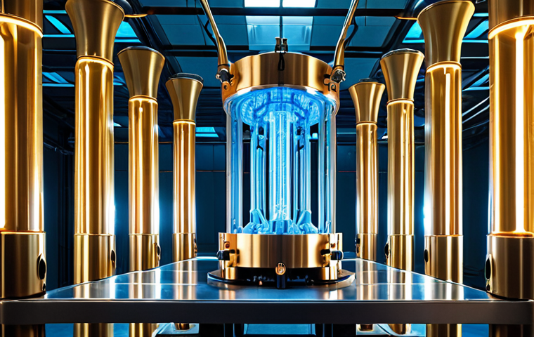 **The Quantum Cryostat:** A stunning, large-scale quantum computer cryostat, resembling a futuristic, gold-plated chandelier, descending in a dimly lit, high-tech laboratory. Emphasize the intricate, layered tubes and multiple temperature stages, hinting at the extreme sub-Kelvin cold required for qubit operation. Include subtle blue or frosty glows to represent the supercooled environment and superconducting cables, showcasing the immense engineering behind it.