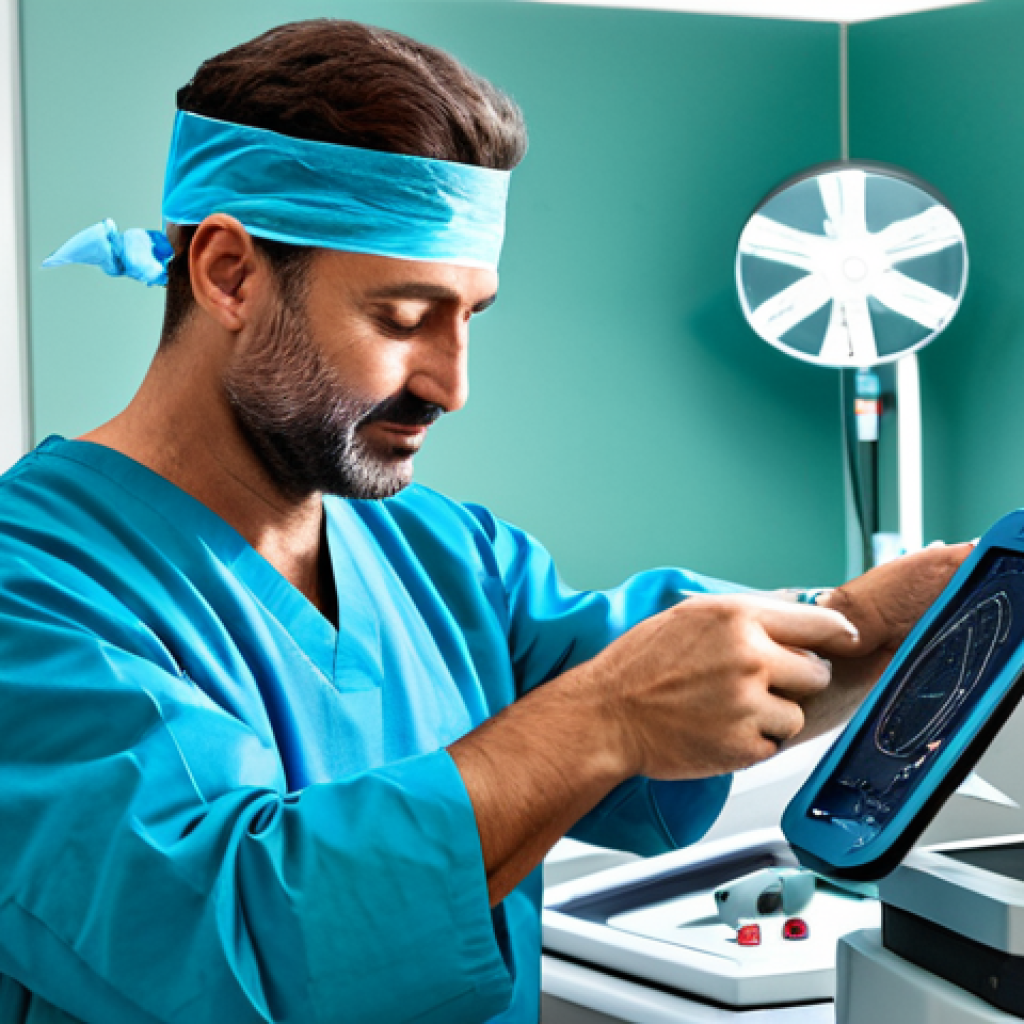 Laser Surgery Innovation**
A modern operating room in Italy. A surgeon in scrubs (fully clothed, appropriate attire) is carefully using a laser device during a delicate operation. High-tech medical equipment is visible in the background. Focus on precision and advanced technology. Safe for work, professional medical setting, perfect anatomy, correct proportions, well-formed hands, proper finger count, family-friendly, realistic, high quality.
**