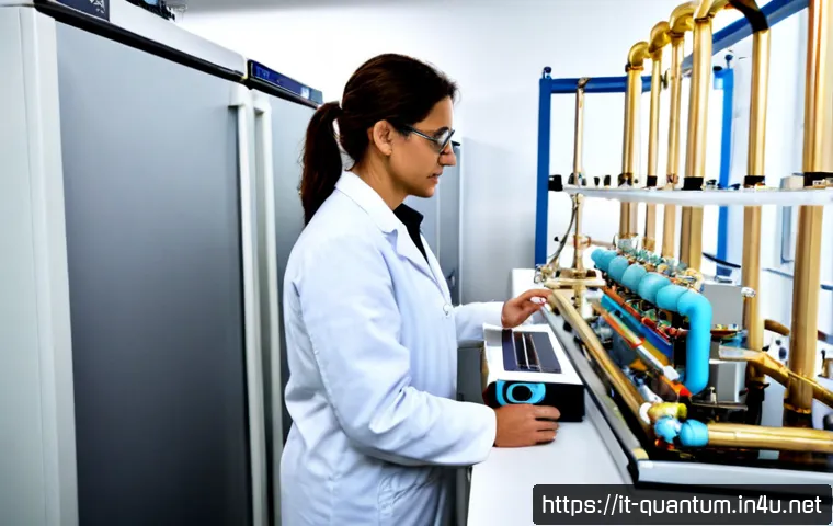 Home 17 양자컴퓨팅의 물리학 연구 - Photorealistic quantum computing physics laboratory in Italy, a middle-aged Italian physicist in a c...
