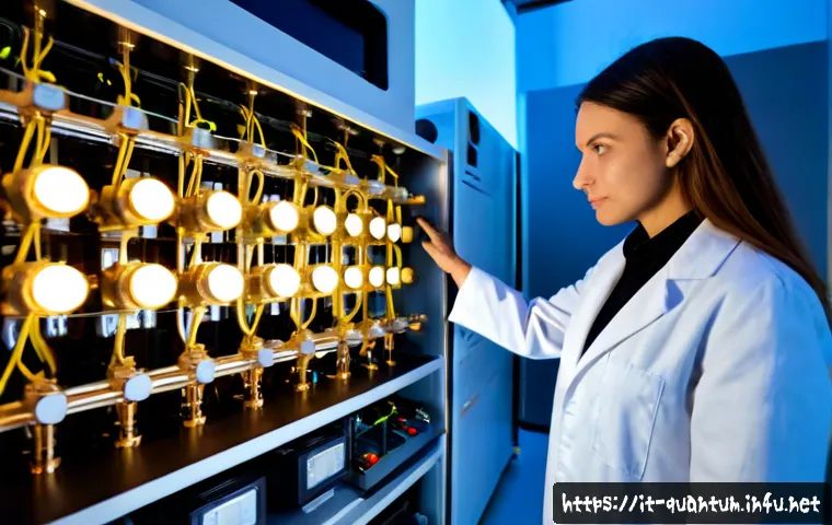 양자컴퓨터 큐비트 - Photorealistic close-up of a superconducting quantum computer dilution refrigerator inside a modern ...