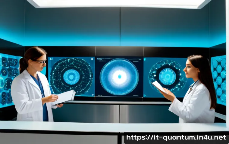 양자컴퓨팅의 의료 분야 응용 - Photorealistic modern Italian hospital research laboratory, a diverse medical team in clean white co...